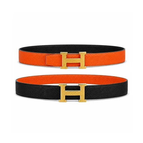 에르메스 H 길로쉬 벨트 버클 & 리버서블 레더 스트랩 32mm 골드버클 오렌지 블랙 · 1