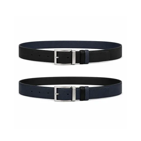 프라다 실버 버클 사피아노 가죽 리버서블 블랙 벨트 34mm 네이비 블랙, 블랙 · 1